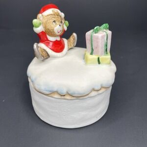Vintage 80's Homco Christmas 8904 Porcelain Santa Teddy Bear Jewelry Trinket Box